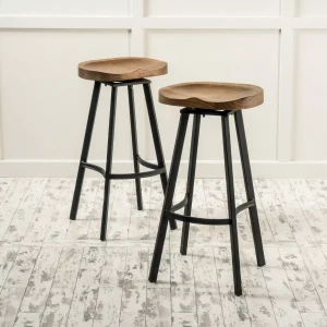 Set of 2 Industrial Barstools with Rust-Finish Iron Frame & Pinewood Seat