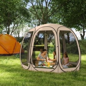 Outsunny 11' x 11.5' Screen Tent, Pop Up Camping Gazebo with Portable Carry Bag and 2 Doors, Beige