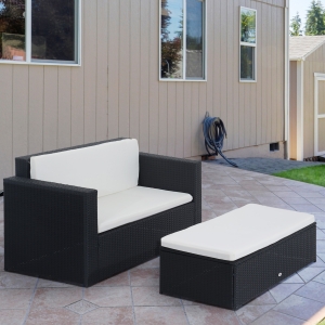 Outsunny 2 Pieces Wicker Patio Furniture Set with Double Ottoman, Outdoor PE Rattan Conversation Set with Loveseat and Two Seat Ottoman, Cream White
