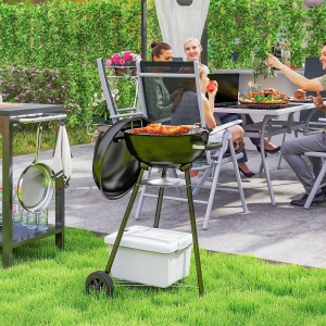 Outsunny 17" Kettle Charcoal BBQ Grill with BBQ Accessories, Barbecue Grill with Shelf, Ash Catcher, Wheels, Handles for Outdoor Cooking, Patio Backyard Party, Black