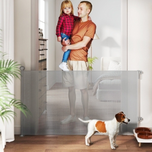 PawHut Retractable Dog Gate Extends Up to 55" Wide, 34" Tall, for Stairs, Doorways, Hallways, Indoor and Outdoor, Grey