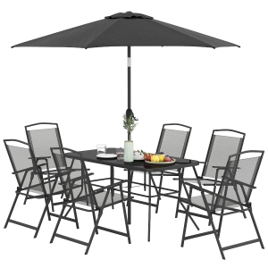 Outsunny 8 Piece Outdoor Dining Set, Patio Furniture Set with Umbrella, 6 Folding Chairs, Rectangle Table and Mesh Seat, Black