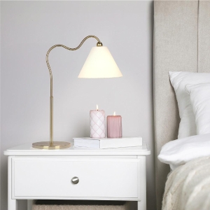 Ornate Brass Ring Base Curved Table Lamp with Triangle White Drum Shade, Modern Design, 18" L x 9.5" W x 22" H, Gold+White