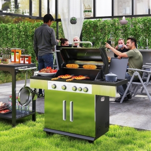 Outsunny 4+1 Burner Liquid Propane Gas Grill Outdoor Portable BBQ with Side Burner, Warming Rack, Side Shelf, Storage Cabinet, Thermometer, 4 Wheels, Tank Holder, Silver