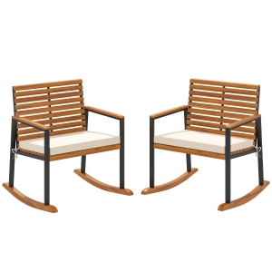 Outsunny Acacia Wood Outdoor Lawn Rocking Chair Set of 2, Outdoor Patio Rocking Chairs with Armrests, Cushion, Cream White