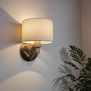 Modern Wall Lamp with Rotary Switch, Brushed Nickel Base, Fabric Shade, Ideal for Bedroom, Living Room, 9" L x 10" W x 11" H, Silver+White