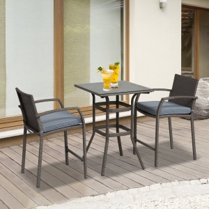 Outsunny 3 Pieces Patio Bar Set Wicker Garden Bistro Set Outdoor Furniture PE Rattan Table and Stools with Seat Cushion, Grey