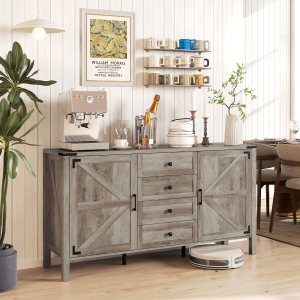 HOMCOM 59" Buffet Cabinet, Farmhouse Sideboard with Thick Top, 2 Barn Doors, 4 Drawers and 2 Adjustable Shelves, Grey