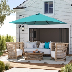 Outsunny 8'x8' Square Patio Hanging Offset Umbrella, Outdoor Cantilever Parasol w/ Cross Base, Blue