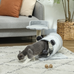 PawHut 18.5" Small Cat Tree, Compact Cat Tower with Tunnel, Scratching Post, Plush Bed, Dangling Ball, for Indoor Use, Grey