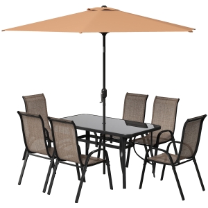 Outsunny 8 Pieces Patio Furniture Set with 9Ft Patio Umbrella, Outdoor Dining Table and Chairs, Light Mixed Brown