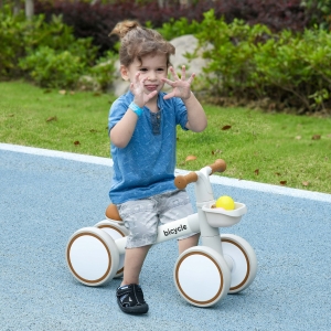 Qaba Toddler Balance Bike for 12–36 Months with Adjustable Seat, Removable Basket, 4 Silent Wheels, Brown