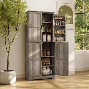 HOMCOM Farmhouse Kitchen Pantry Cabinet, Kitchen Cabinet with Barn Doors, Adjustable Shelves and Door Racks, Distressed Grey