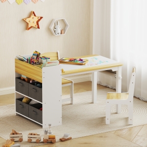 Qaba Kids Table and Chairs Set, Toddler Art Table and Chair Set with Paper Roll, Storage Shelves and Drawers, Natural Wood