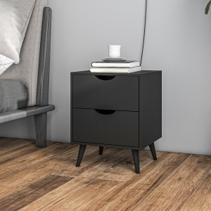 HOMCOM Modern Bedside Table, Nightstand with 2 Drawers and Pine Wood Legs for Bedroom, Living Room, Black