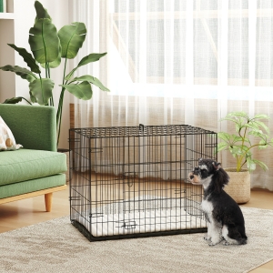 PawHut 30" Dog Crate with 2 Doors, Folding Metal Dog Cage with Soft Cushion, Removable Tray, Handle, for Small Dogs, Black