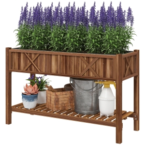 Outsunny Raised Garden Bed, 47 x 22 x 31.5 in Elevated Wood Planter Box with Storage Shelf, Drainage Holes and Liner, Carbonized