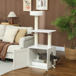 PawHut Cat Tree with Litter Box Enclosure, Sisal Covered Scratching Posts, Large Platform, Bed for Indoor Cats, White