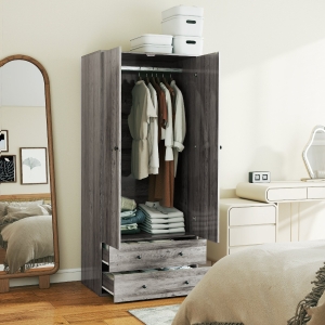 HOMCOM Modern Wardrobe Closet Armoire with 2 Drawers and Hanging Rod, Clothes Storage Organizer for Bedroom, Grey
