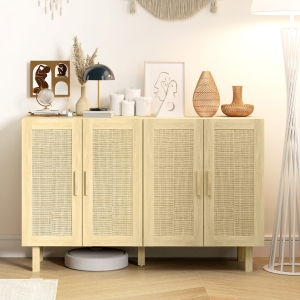 HOMCOM Boho Sideboard Buffet Cabinet, Storage Cabinet with 4 Rattan Doors and Adjustable Shelves, Natural