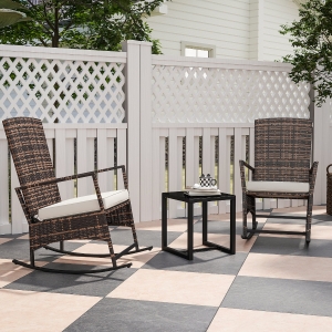 Outsunny 3 Piece Rocking Bistro Set, Wicker Patio Furniture with 3-Level Reclining High Back Rocking Chair and Glass Table, White