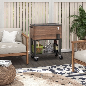 Outsunny Patio Cooler, 60qt Portable Outdoor Cooler with Locking Wheels, Storage Shelf, Bottle Opener for Patio Backyard, Brown