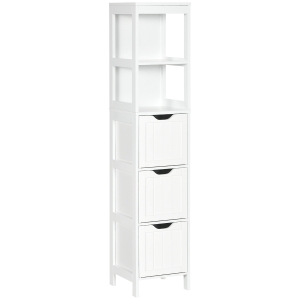 kleankin Tall Bathroom Cabinet, Slim Bathroom Storage Cabinet, Narrow Floor Cabinet with 3 Drawers and 2 Open Shelves, Freestanding Linen Tower for Small Space, 12" x 12" x 56", White