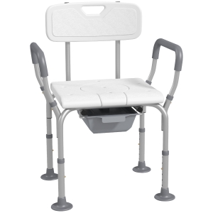 HOMCOM 3-in-1 Shower Chair with Back and Arms, Height Adjustable Bedside Commode, Raised Toilet Seat with Non-Slip Rubber Foot Pad for Seniors, Disabled, White