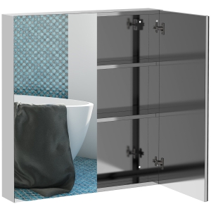 kleankin Bathroom Mirrored Cabinet, 24"x26" Stainless Steel Frame Medicine Cabinet, Wall-Mounted Storage Organizer with Double Doors, Silver