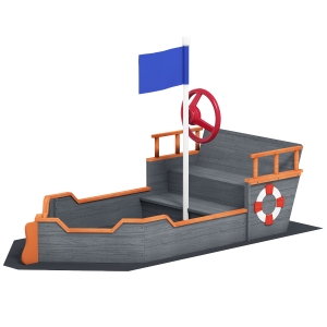 Outsunny Kids Wooden Sandbox Pirate Ship Sandboat w/ Bench Seat Storage Space Ceder Wood, Gray
