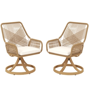 Outsunny Patio Swivel Chairs Set of 2, Rattan Patio Dining Chairs with Soft Cushions for Backyard, Lawn, Porch, or Garden, Khaki