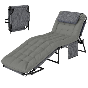 Outsunny Folding Chaise Lounge Pool Chair with 4-level Reclining Back, Cushion, Side Pocket, Headrest, Gray