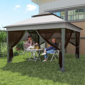 Outsunny 10.7 x 10.7ft Pop Up Gazebo, Adjustable Instant Sun Shelter with UV30+ Roof Cover, Removable Mesh Curtains, Light Grey