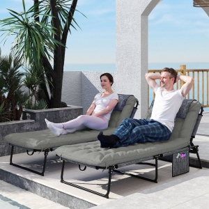 Outsunny 2-Piece Folding Lounge Chairs with Adjustable Backrest, Tanning Chair with Cushion, Side Pocket, Headrest, Grey