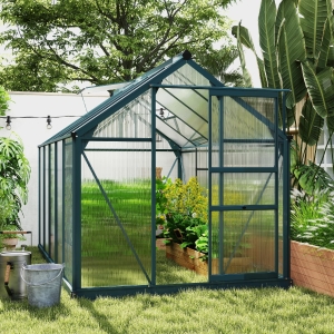 Outsunny 6' x 10' x 6.6' Polycarbonate Greenhouse, Walk-In Green House Kit Garden, Plants Grow, Galvanized Sheet Aluminum Frame with Rain Gutter, Vents and Sliding Door, Green