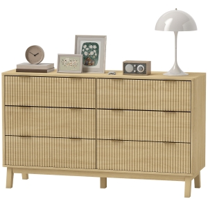 HOMCOM 6 Drawer Double Dresser for Bedroom, Fluted Chest of Drawers with Gold Finger Pulls and 5 Wood Legs, Natural Wood