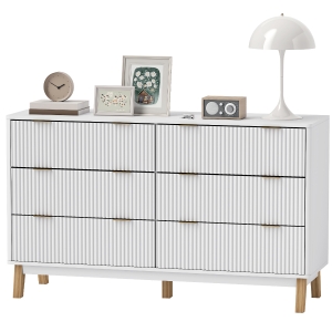 HOMCOM 6 Drawer Double Dresser for Bedroom, Fluted Chest of Drawers with Gold Finger Pulls and 5 Wood Legs, White