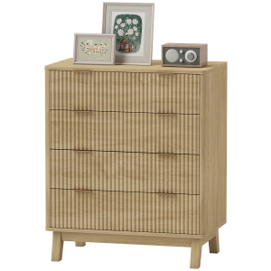 HOMCOM 4 Drawer Double Dresser for Bedroom, Fluted Chest of Drawers with Gold Finger Pulls and 4 Wood Legs, Natural Wood