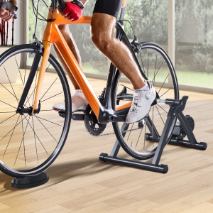 Soozier Foldable Indoor Bike Trainer, Stationary Bicycle Stand for Riding Exercise, 26-28" & 700C Wheels, Quick Release Skewer & Front Wheel Riser Block Included, Black
