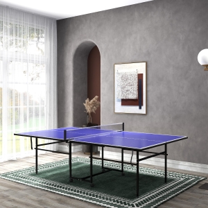 Soozier Full Size Table Tennis Table, Folding Ping Pong Table with Net, Paddles, Balls and Wheels, Blue