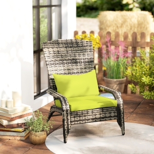 Outsunny Patio Wicker Adirondack Chair, Outdoor PE Rattan Fire Pit Chair, Muskoka Chair w/ Soft Cushions, Tall Curved Backrest and Comfortable Armrests for Deck or Garden, Green