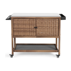 Outdoor Wicker Bar Cart with Wheels, Expandable Shelf, Rolling Rattan Beverage Bar Counter Table with Glass Top, 47" L x 20" W x 35" H, Brown