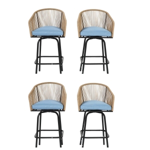 Set of 4 Outdoor Bar Stools with Armrests and Backrest, Steel Frame, All Weather Woven PE Rattan Bar Chairs, 23" L x 17.5" W x 44" H, Blue