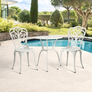 3-Piece Outdoor Rust-Resistant Patio Bistro Set with Decorative Floral Design, Cast Aluminum Frame, Perfect for Patios, Balconies, Porches, White