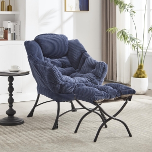 Modern Lazy Chair with Ottoman, Armrests, Side Pocket, Ergonomic Lounge Accent Chair with Steel Frame, 31.5" L x 25" W x 37.5" H, Navy Blue