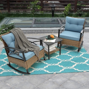 3-Piece Outdoor Rocking Rattan Chair Set with Steel Frame, Includes Table and Cushions, 29" L x 25.5" W x 31" H, Blue