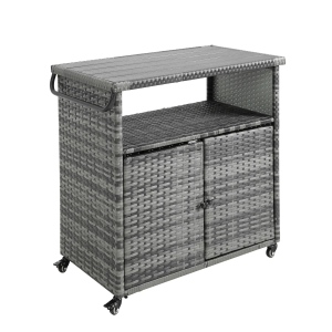 Outdoor Wicker Bar Cart with Wheels, Patio Wine Serving Cart, Rolling Rattan Beverage Bar Counter Table with Glass Top, 51" L x 20" W x 35" H, Aqua Gray