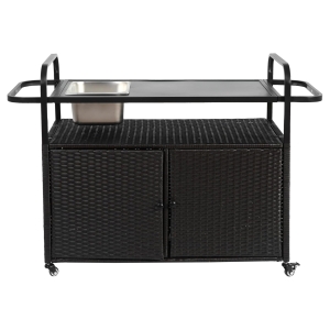 Multifunctional Outdoor Bar Table with Lockable Wheels, Ice Bucket, Side Basket, Wicker Bar Cart with Cabinet, 51.5" L x 19.5" W x 36" H, Black