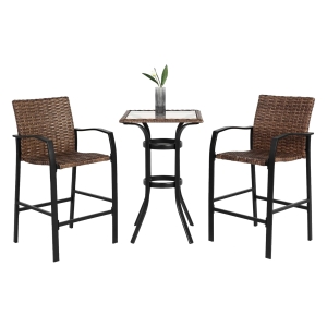 3-Piece Outdoor Bar Stools Set with Rattan Bar Chairs, Glass Table, Steel Frame, Perfect for Backyard, Garden, Pool, Balcony, Deck, Brown