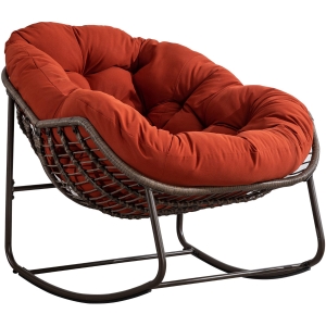 Outdoor Rattan Rocking Chair with Padded Cushion, Hand-Woven Recliner, Ergonomic Design, Steel Frame, 44" L x 37" W x 31.5" H, Orange